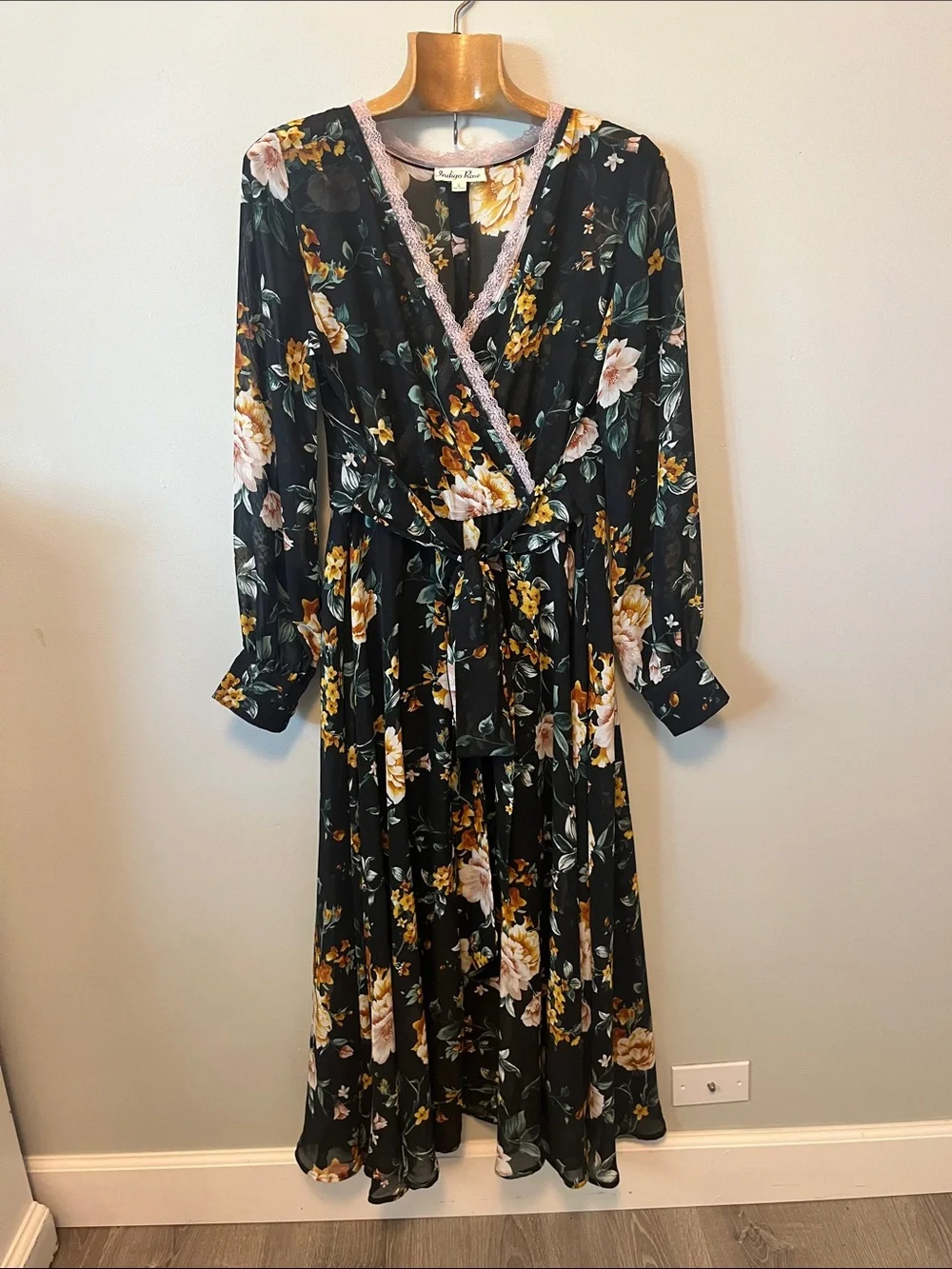 Indigo Rose Black Floral Faux Wrap Maxi Dress with Lace-Trim V-Neck - Picture 1 of 6